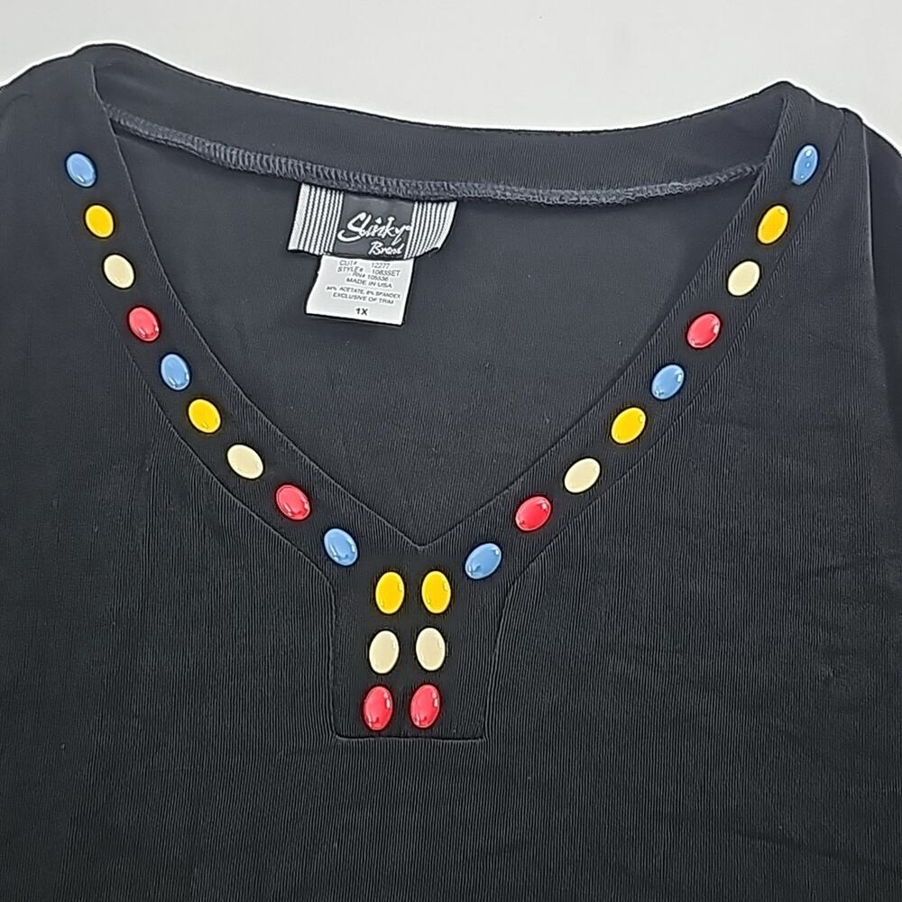Womens Sz 1X Black Slinky Brand Stretch Colorful Beaded V-neck Made in USA Top - Picture 11 of 11